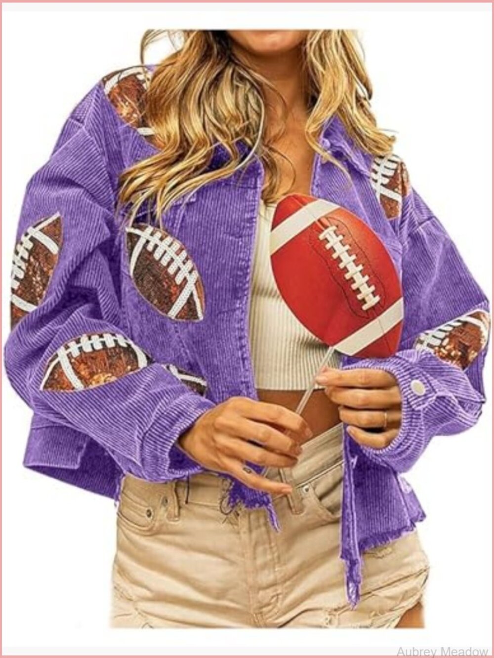 Cropped Corduroy Jacket Sequin Patch Button Down Raw Hem Coat - Picture 5 of 7